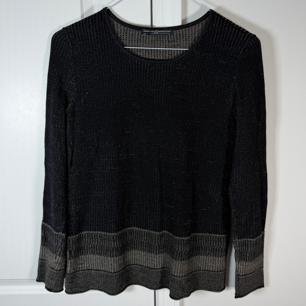 Peruvian Connection Black Pima Cotton Textured Knit Sweater Long Sleeve Womens M